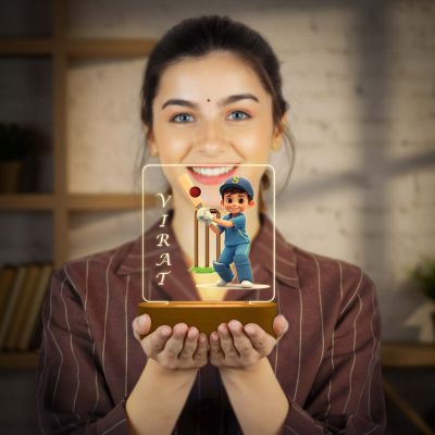 Personalized Cricket Theme LED Night Lamp with Warm White Light & Wooden Stand Gift for Cricket Lover, Boys & Girls Birthday Return Gift Lamp for Sports Fans